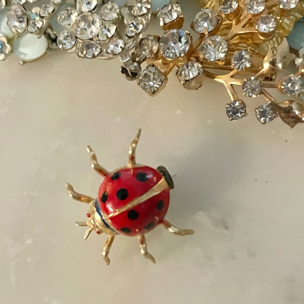 Gold-Tone Red Ladybug Enamel Pin Brooch